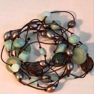 Very Long Multi-Gemstone Necklace Pearls Smoky Quarts Aventurine